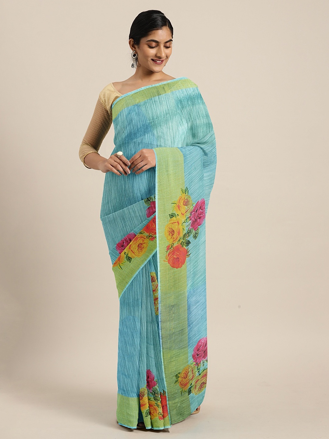 

KALINI Turquoise Blue Linen Blend Printed Pochampally Saree