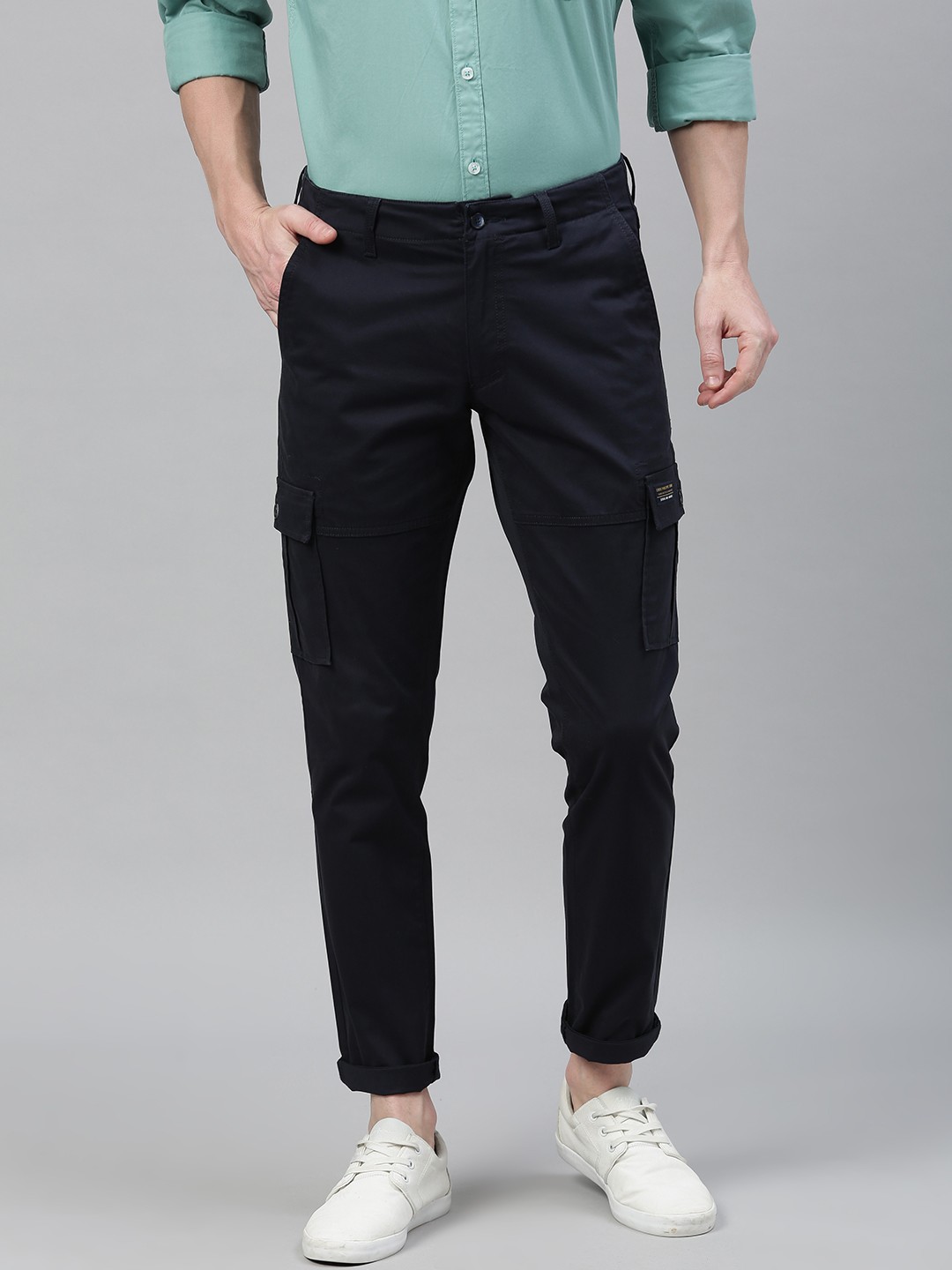 

Louis Philippe Jeans Men Navy Blue Comfy Tapered Fit Solid Regular Trousers