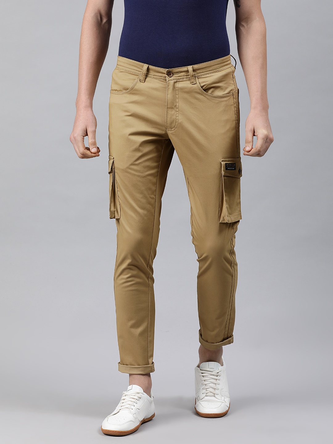 

Louis Philippe Jeans Men Khaki Comfy Tapered Fit Solid Cargos