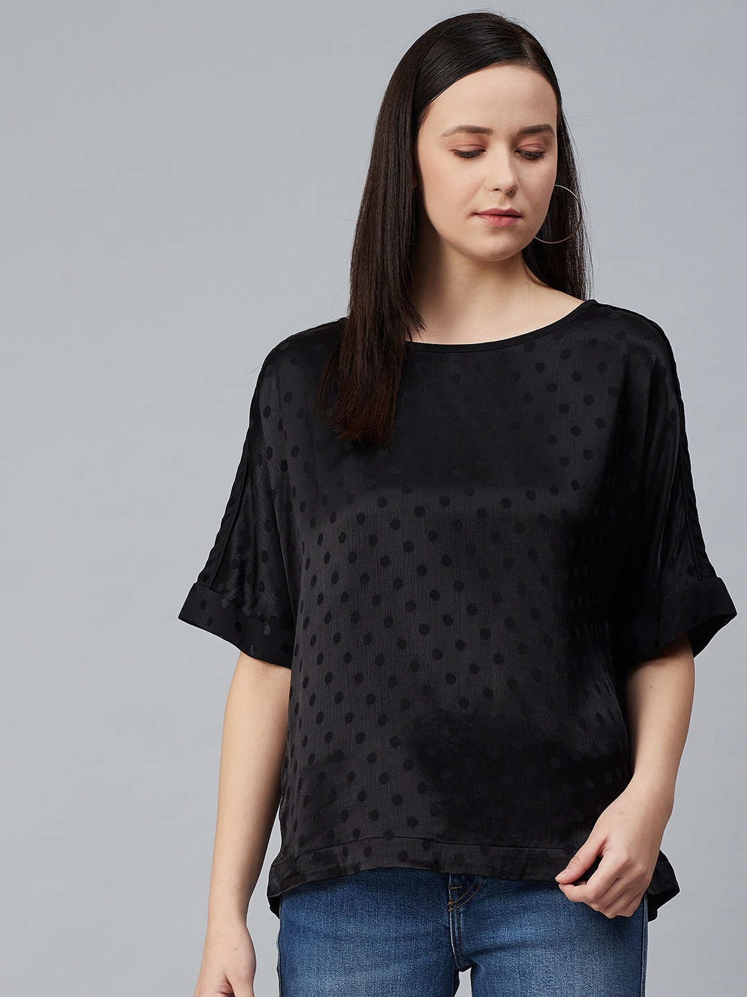 

Marks & Spencer Women Black Satin Finish Polka Dots Self Design Top