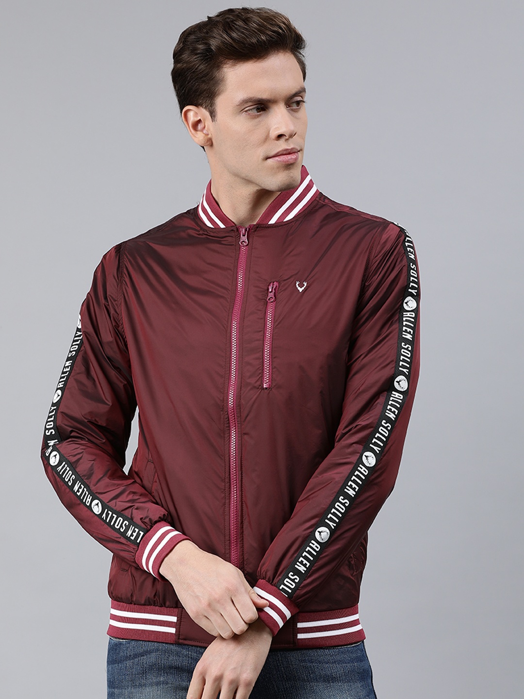 

Allen Solly Men Maroon Solid Varsity Jacket With Applique Detailing