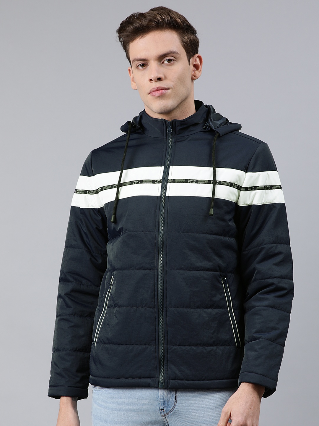 

Allen Solly Sport Men Navy Blue & White Colourblocked Padded Jacket
