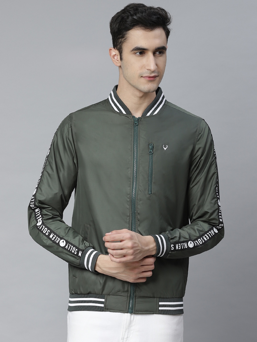 

Allen Solly Men Olive Green Solid Lightweight Varsity Jacket