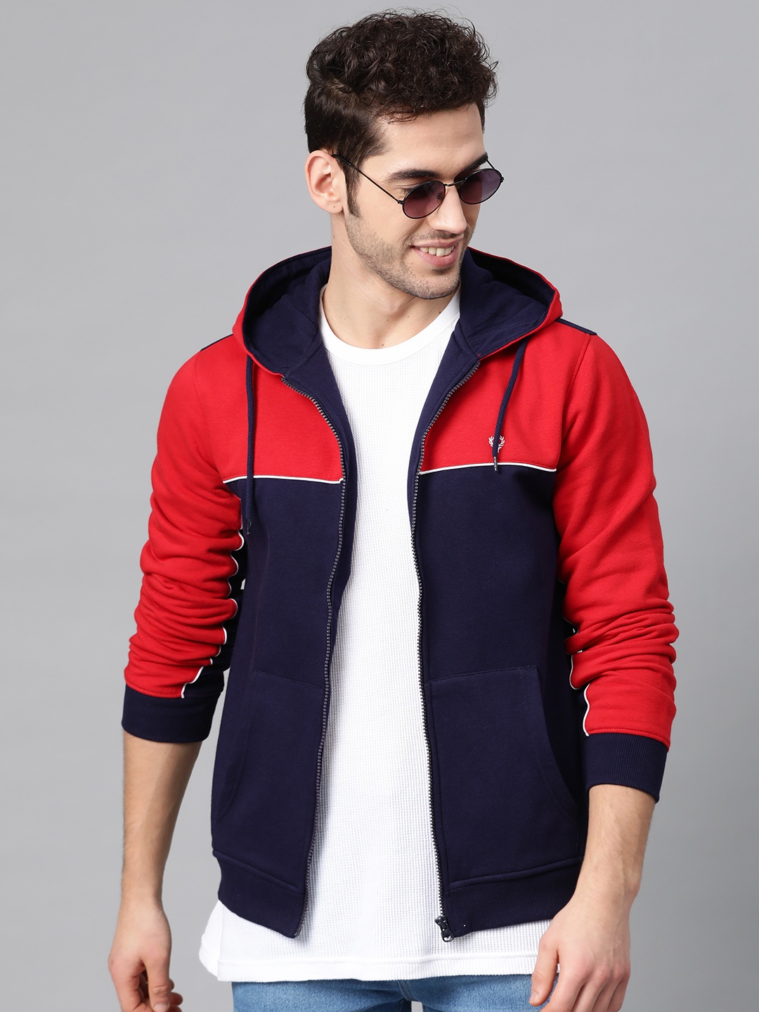 

Allen Solly Men Red & Navy Blue Colourblocked Hooded Sweatshirt