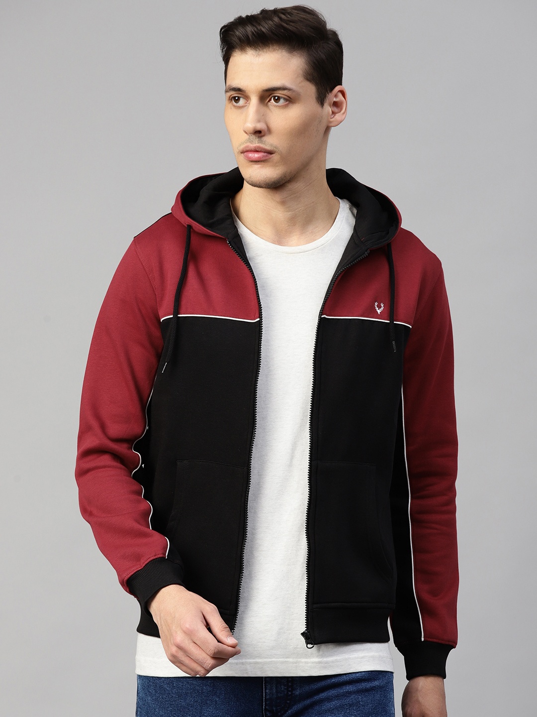 

Allen Solly Men Black & Maroon Colourblocked Hooded Sweatshirt