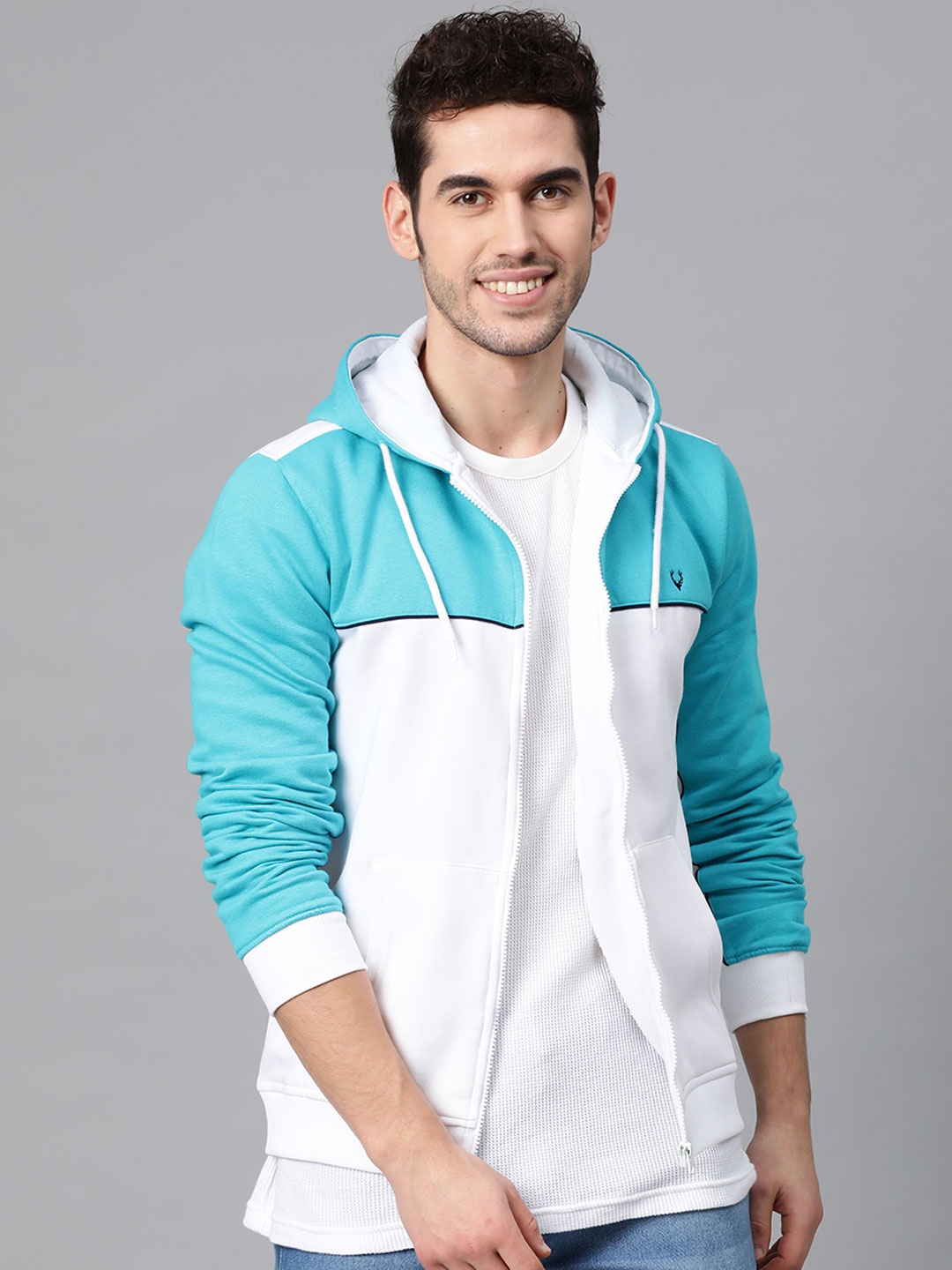 

Allen Solly Men Blue & White Colourblocked Hooded Sweatshirt