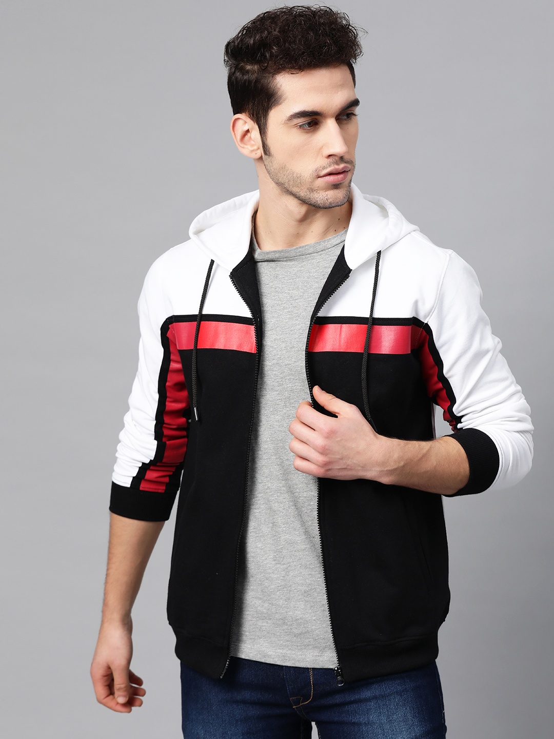

Allen Solly Men Black & White Colourblocked Hooded Sweatshirt