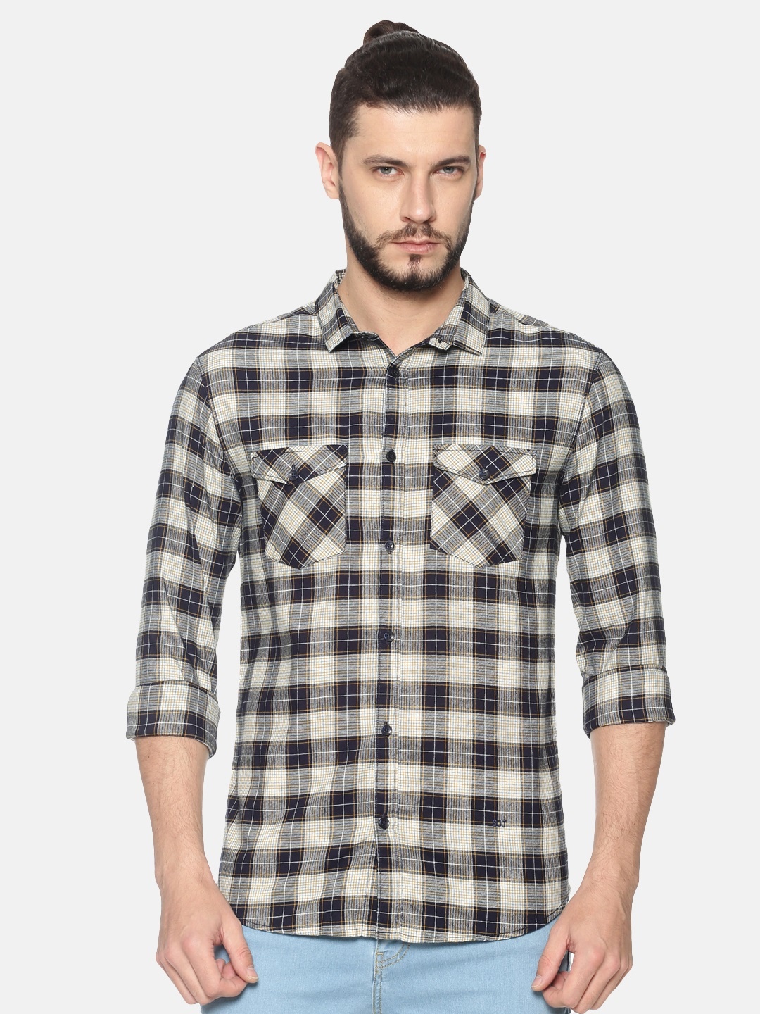 

SHOWOFF Men Navy Blue & Cream-Coloured Slim Fit Checked Casual Shirt