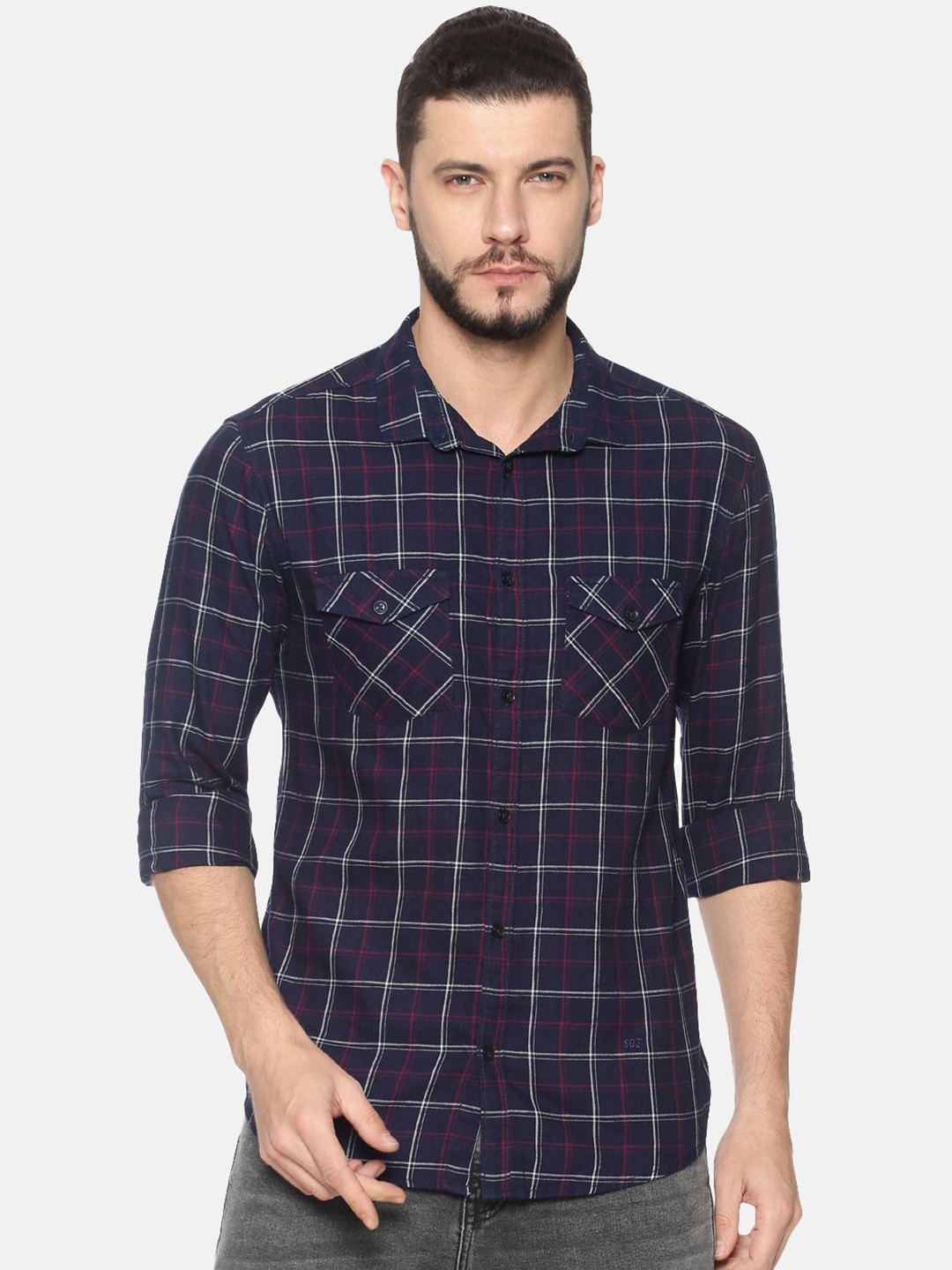 

SHOWOFF Men Slim Fit Grid Tattersall Checks Opaque Checked Casual Shirt, Navy blue