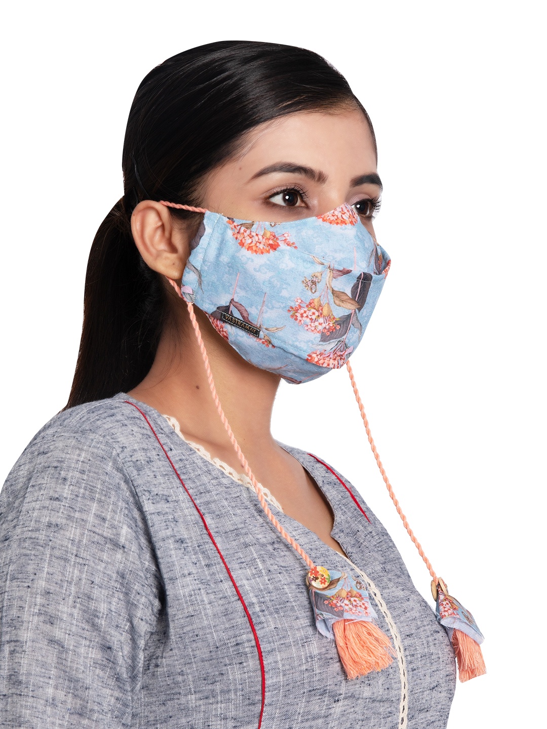 

VASTRAMAY Adults Blue & Red Floral Print Reusable 3-Ply Cloth Mask