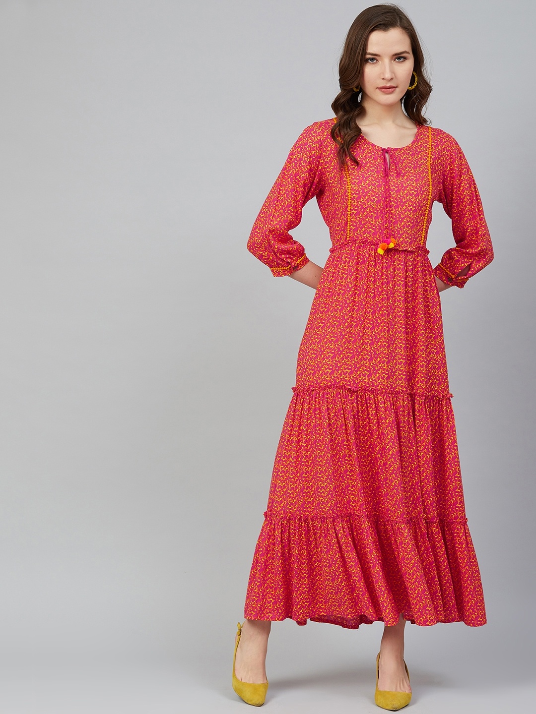 

Rangriti Women Pink & Yellow Geometric Print Tiered Maxi Dress