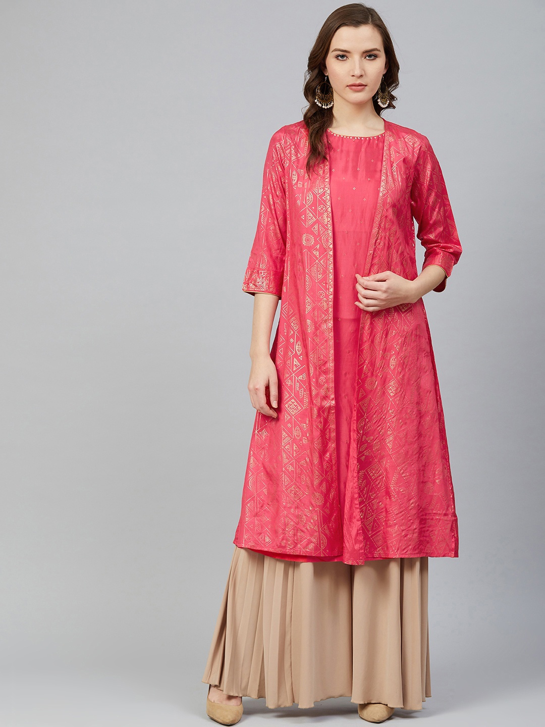 

Rangriti Women Coral Pink & Golden Printed Layered A-Line Kurta