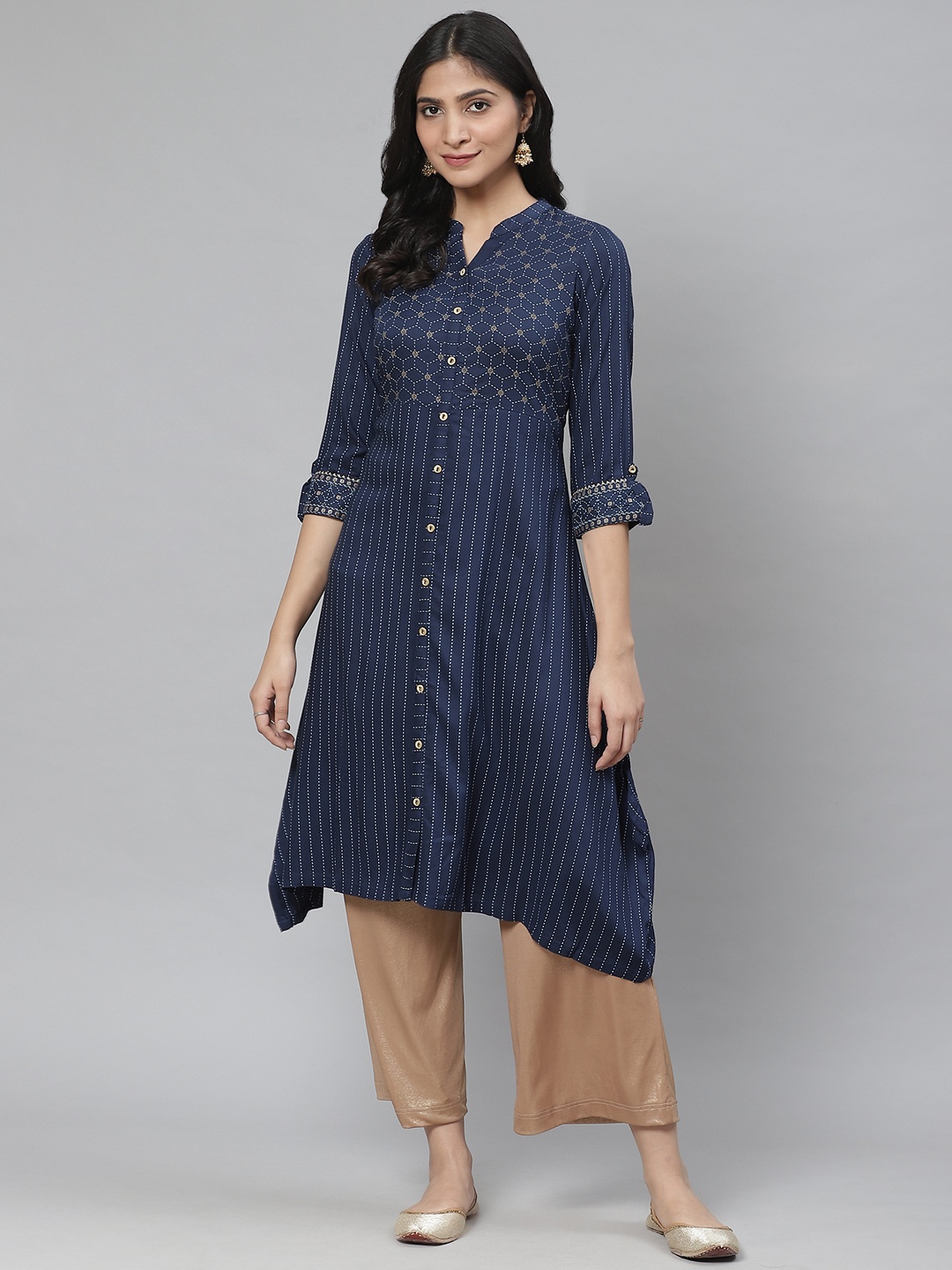 

Rangriti Women Navy Blue & White Printed A-Line High-Low Kurta