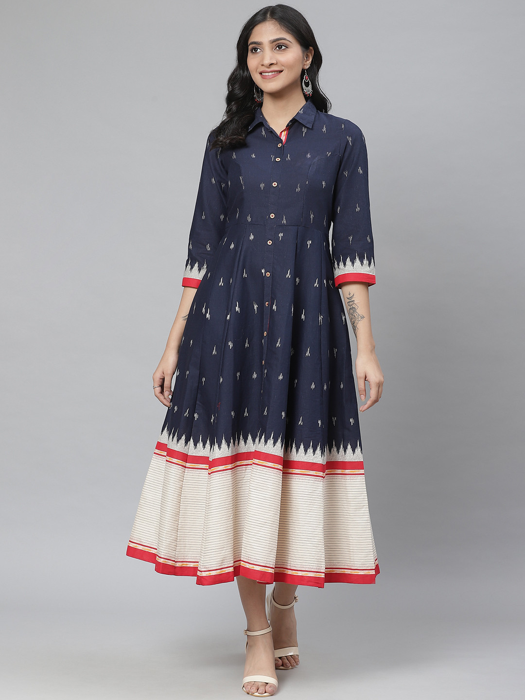 

Rangriti Women Navy & Off-White Pure Cotton Self Design Midi Shirt Dress, Navy blue