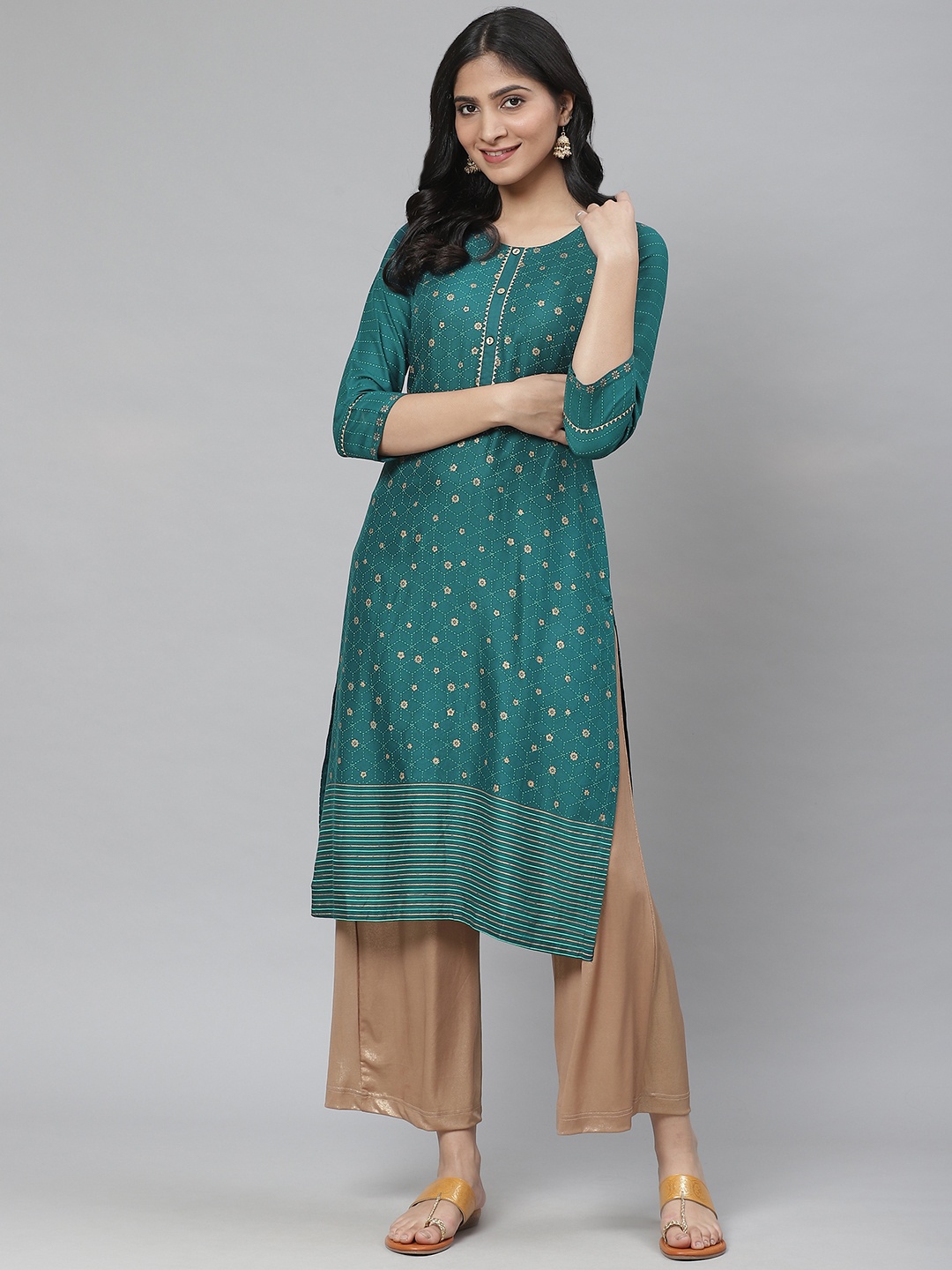 

Rangriti Women Teal Green & Golden Printed Straight Kurta