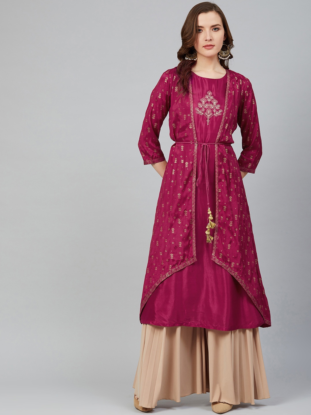 

Rangriti Women Magenta & Golden Printed Layered A-Line Kurta