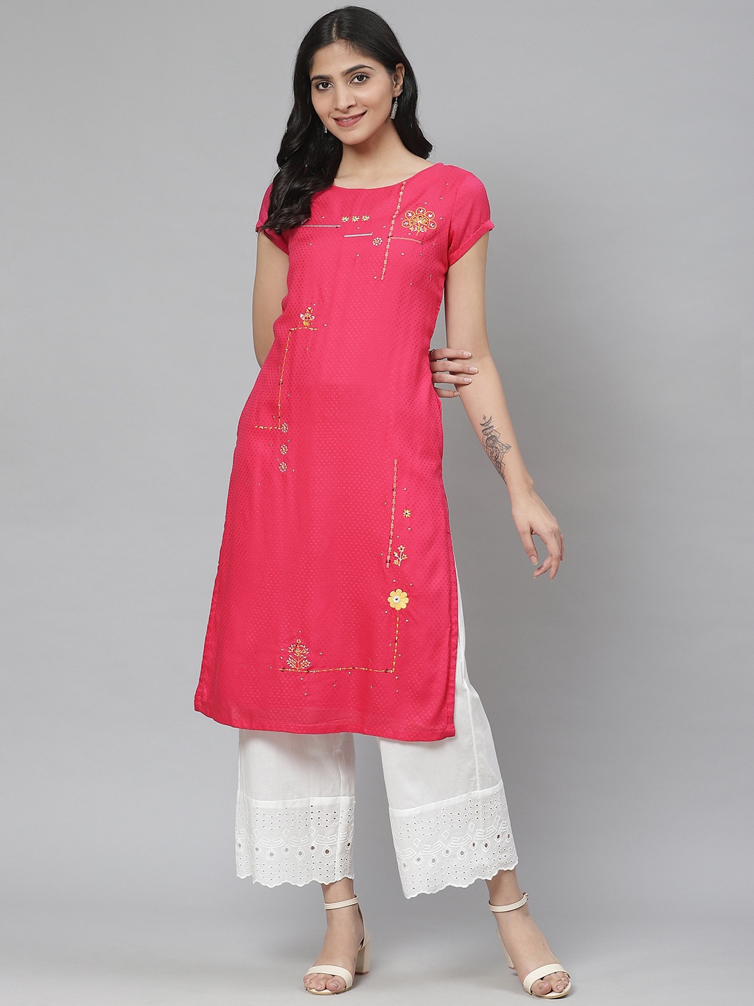 

Rangriti Women Pink Woven Design Straight Kurta