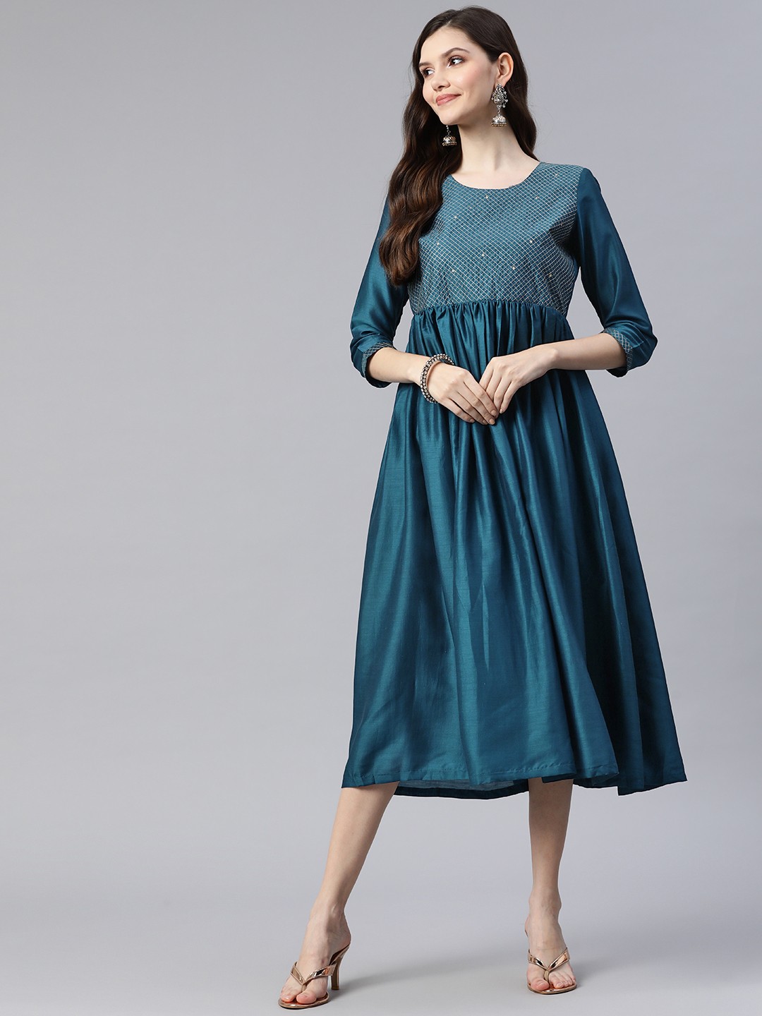 

Rangriti Women Yoke Design Ethnic Midi Dress, Teal