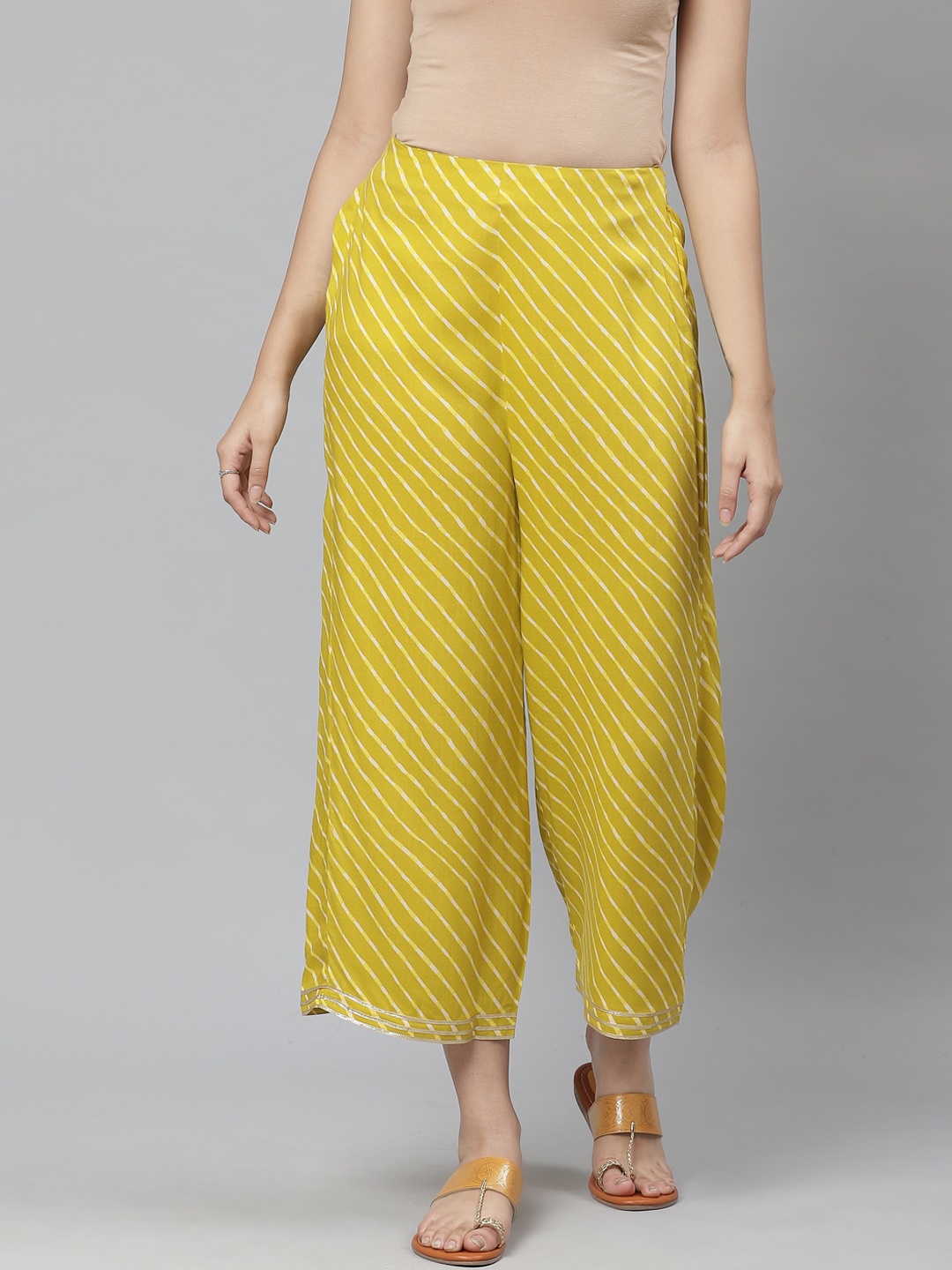 

Rangriti Women Lime Green & Off-White Leheriya Print Straight Palazzos