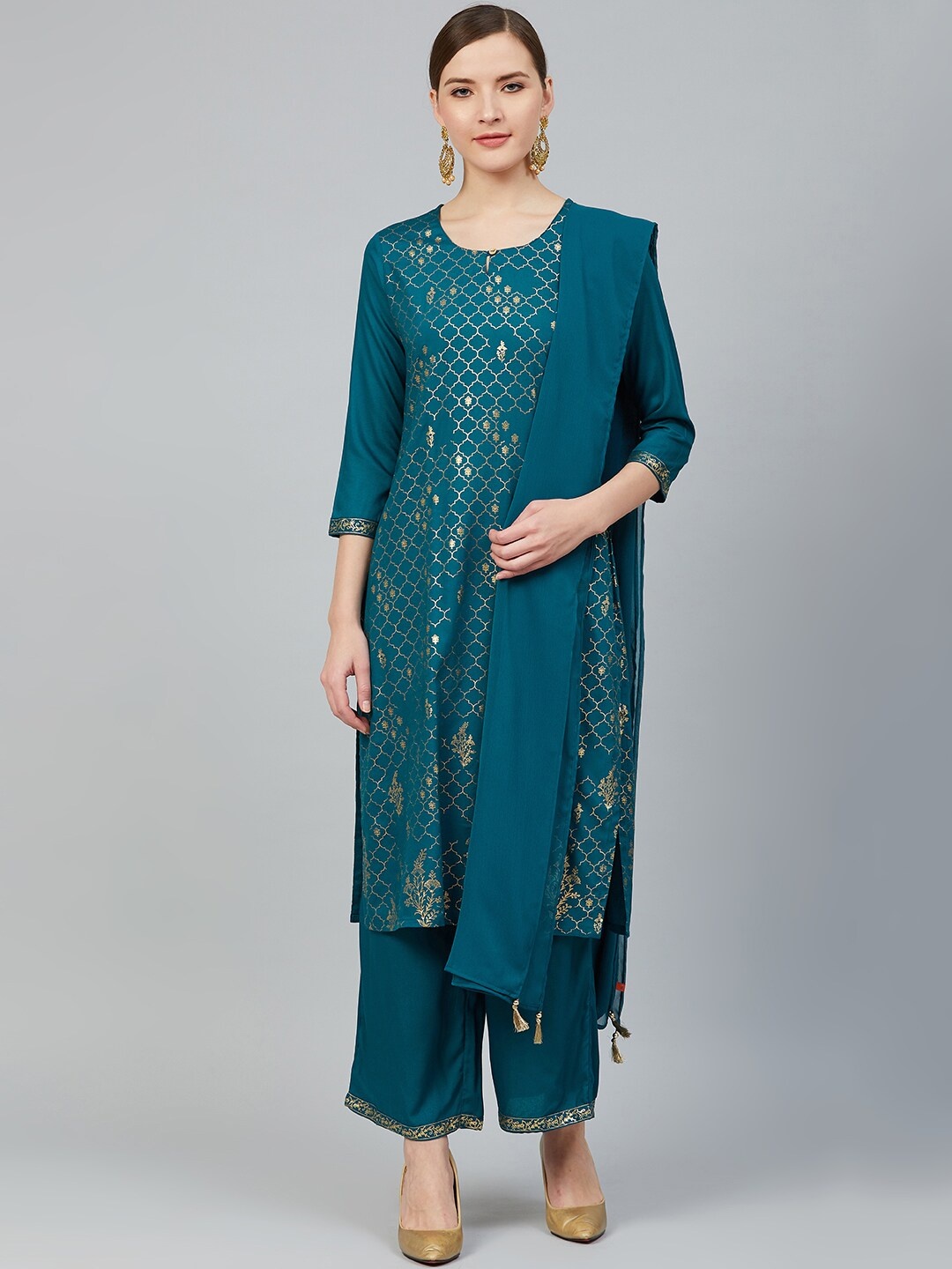 

Rangriti Women Teal Blue & Gold-Toned Printed Kurta with Palazzos & Dupatta Set
