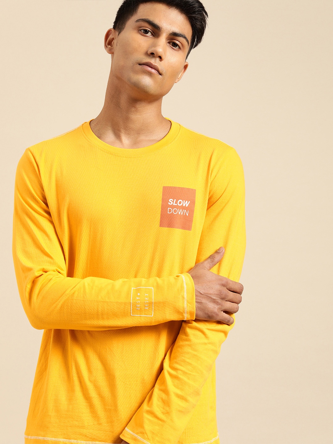 

ether Men Yellow Solid Round Neck Pure Cotton T-shirt with Print Detail