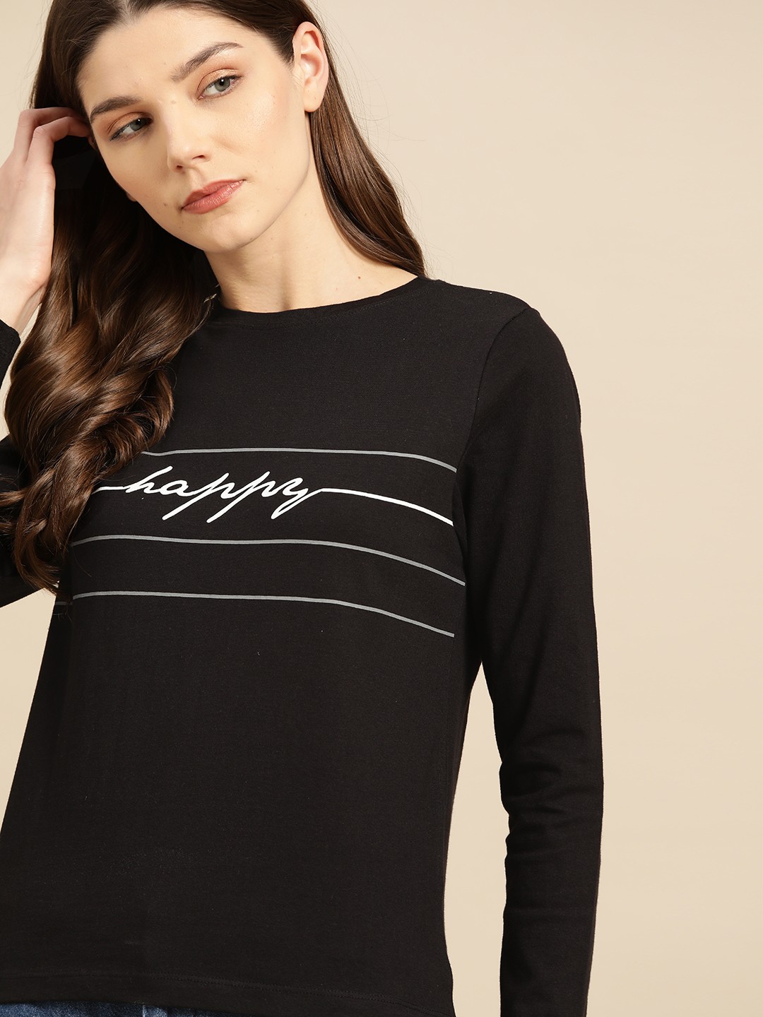 

ether Women Black Printed Round Neck Pure Cotton T-shirt