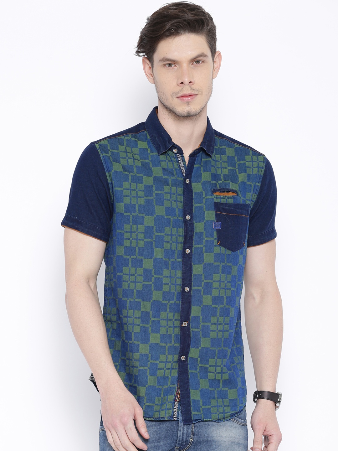 

The Indian Garage Co. Men Navy & Green Slim Fit Casual Shirt, Navy blue