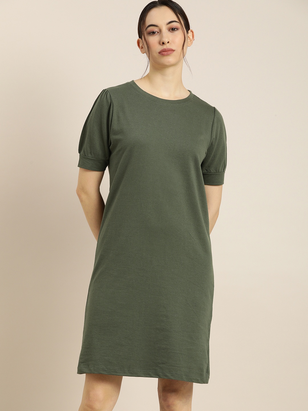 

ether Olive Green Pure Cotton T-shirt Dress