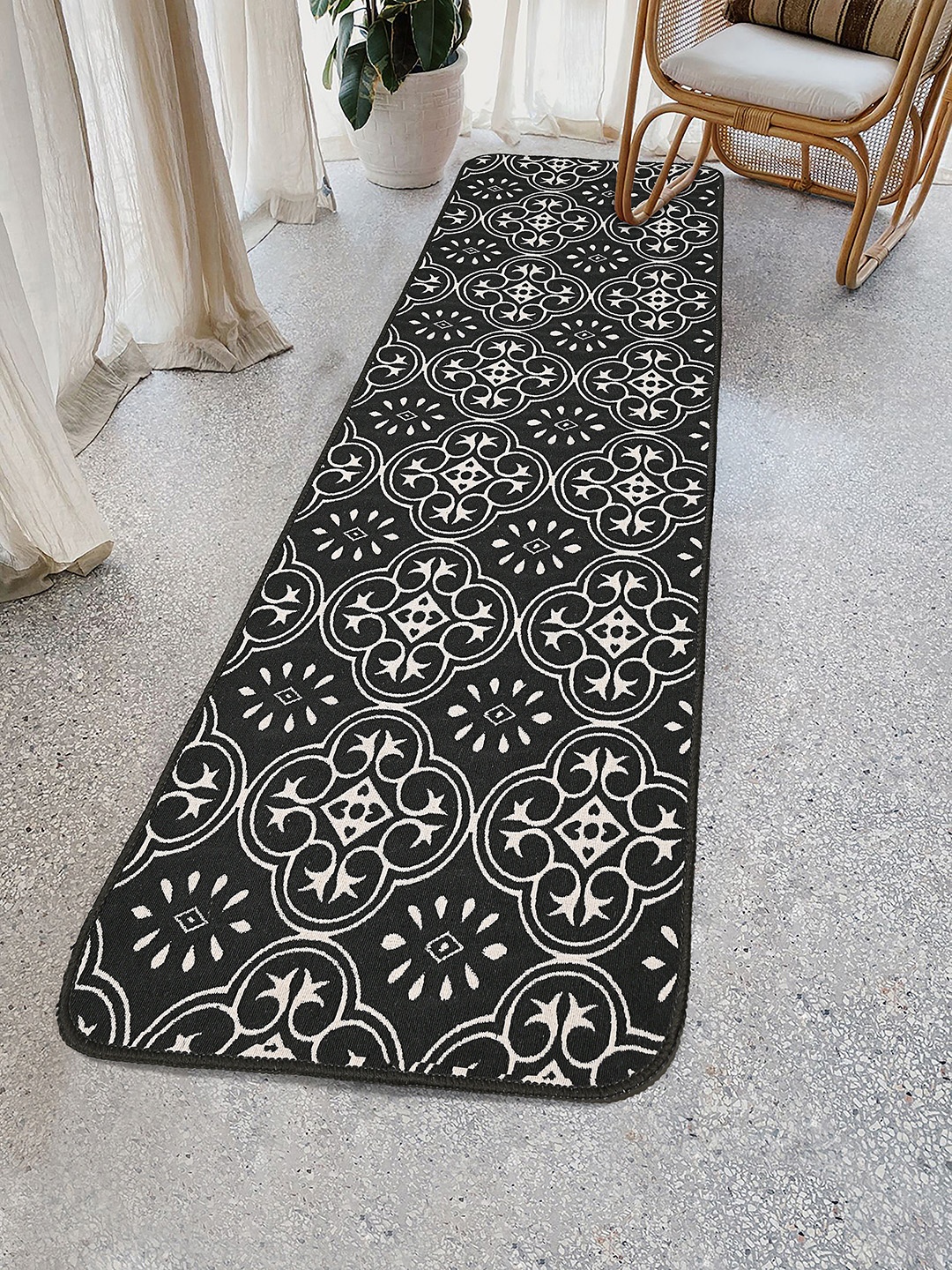 

Saral Home Black & White Ethnic Motifs Jacquard Anti-Skid Floor Runner