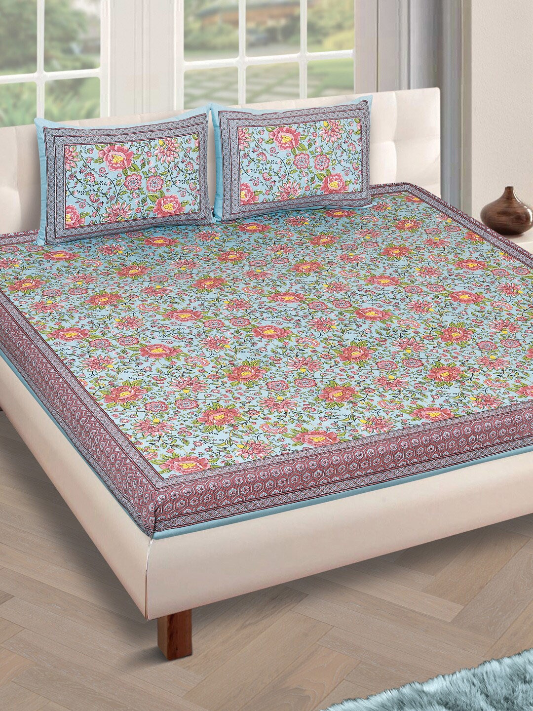 

ROMEE Teal Green & Rust Red Floral 180 TC Cotton 1 King Bedsheet with 2 Pillow Covers