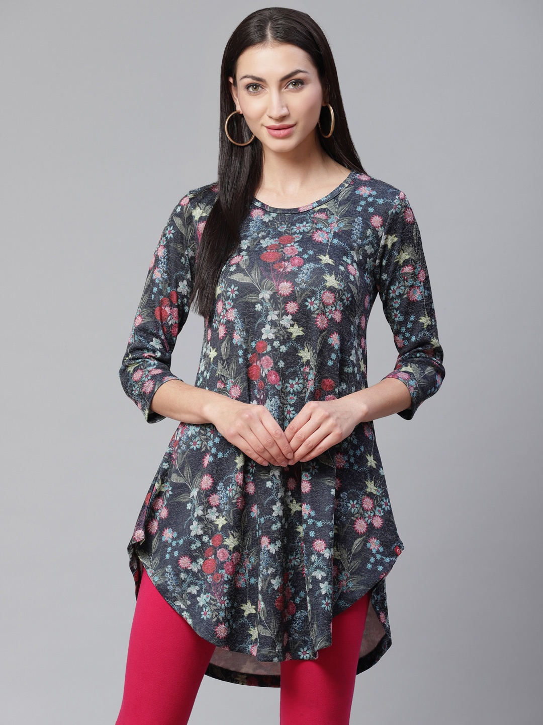 

Biba Women Navy Blue & Pink Floral Print Asymmetric A-Line Kurta