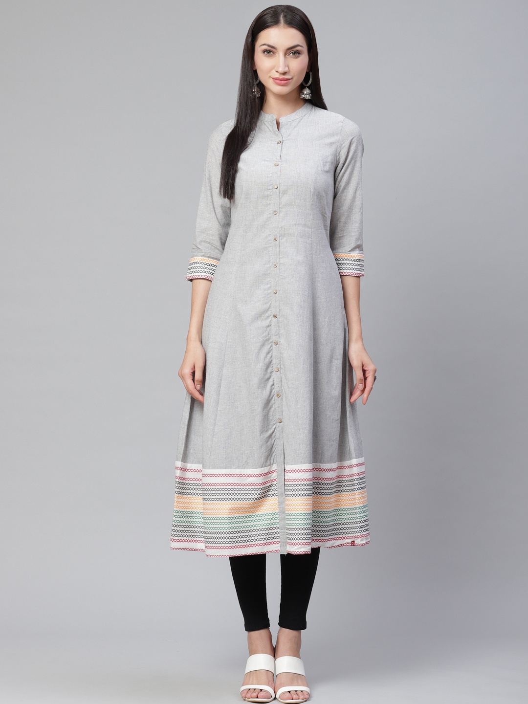 

Biba Women Grey & Black Woven Design A-Line Kurta