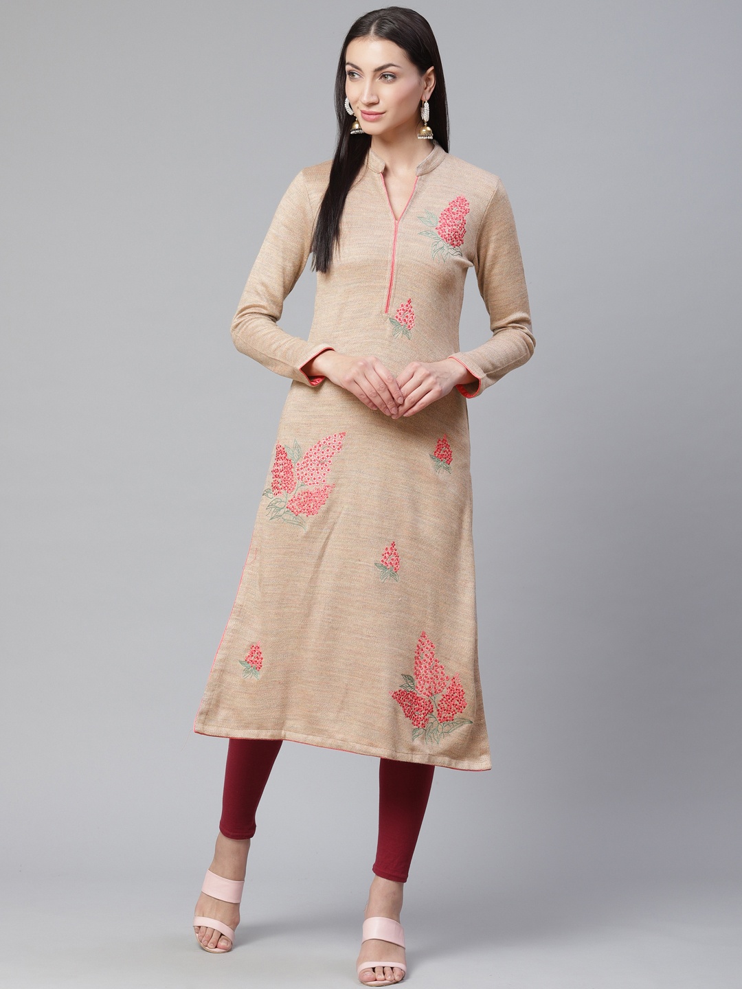 

Biba Women Beige & Pink Floral Embroidered Straight Kurta