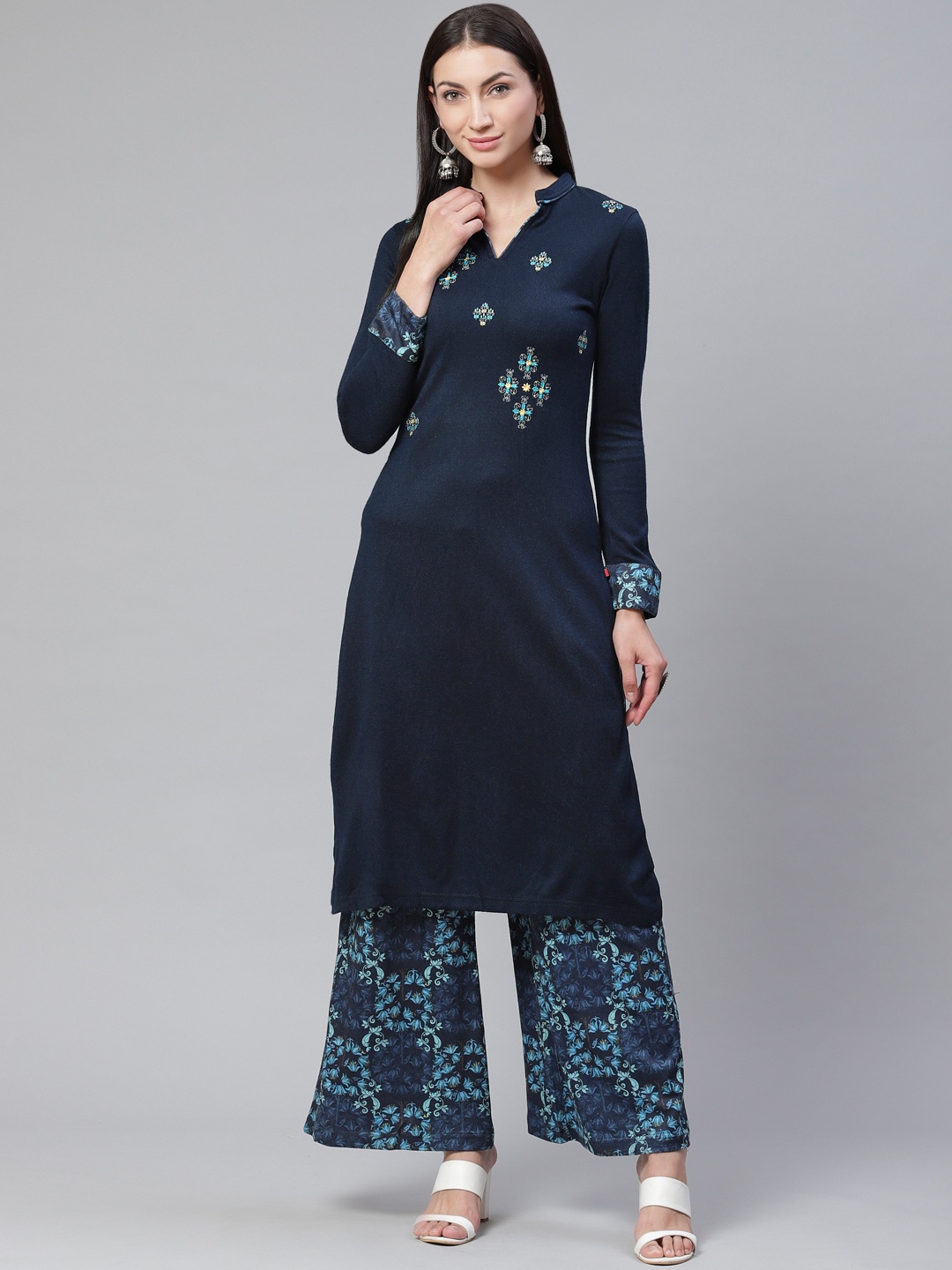 

Biba Women Blue Embroidered Winter Kurta Set