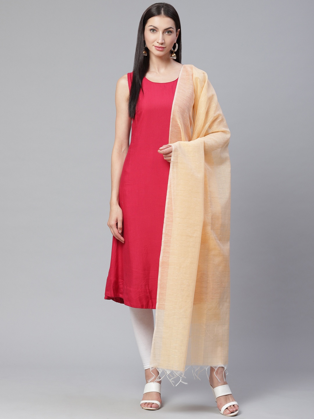 

Biba Women Peach-Coloured & Golden Checked Dupatta