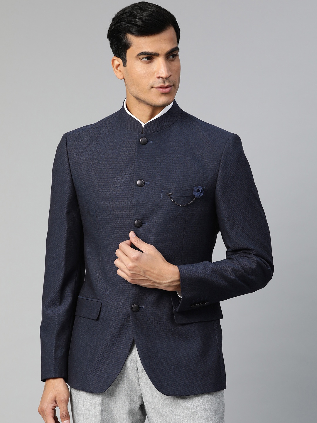 

Park Avenue Men Navy Blue & Black Slim Fit Self Design Bandhgala Blazer