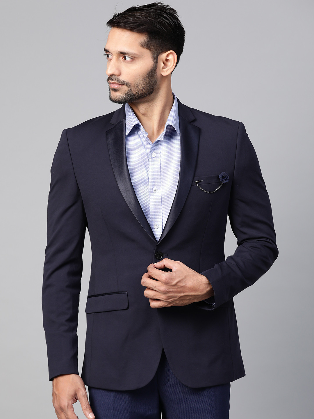

Park Avenue Men Navy Blue Super Slim Fit Solid Single Breasted Formal Blazer with Brooch