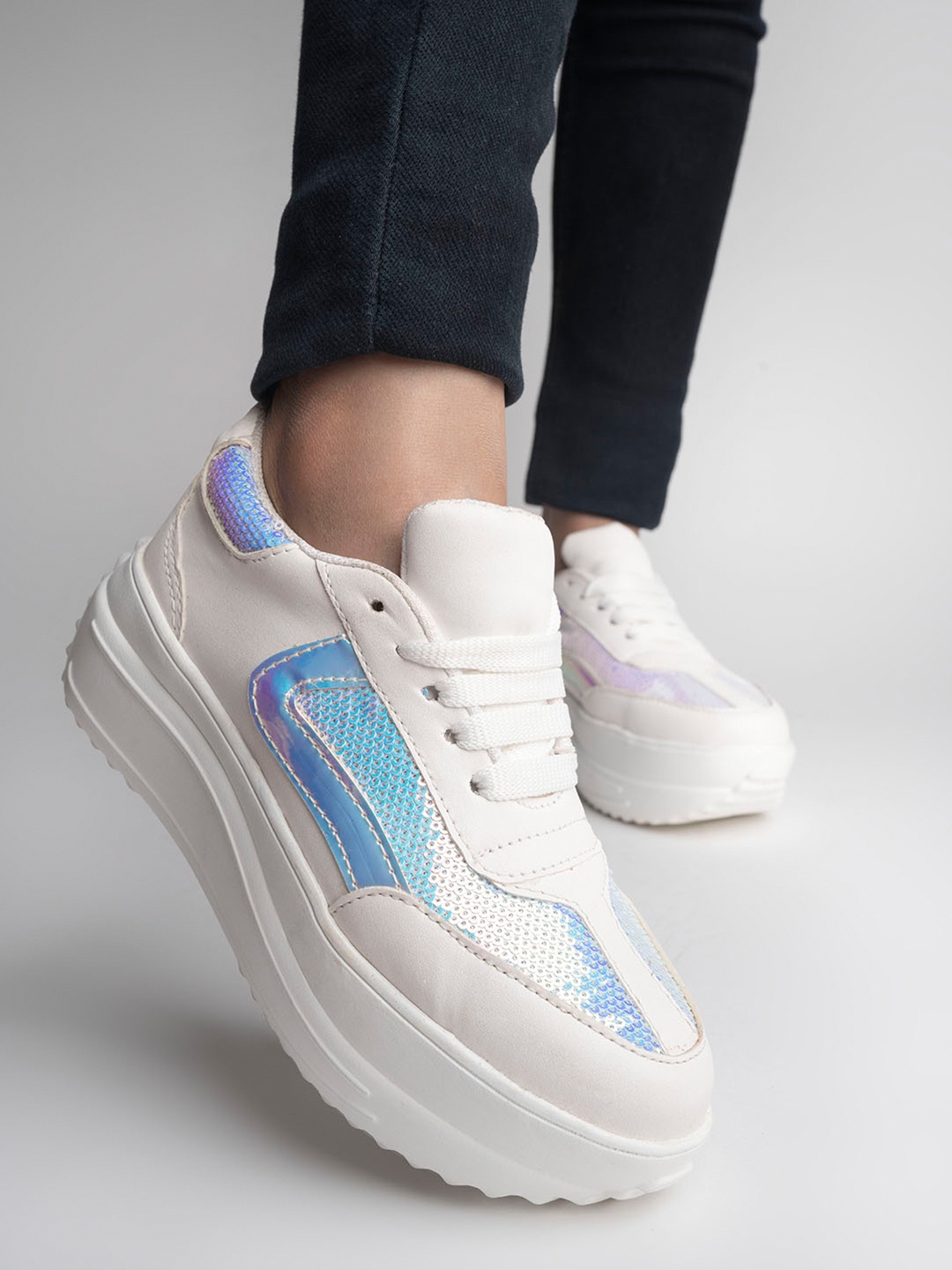 

Shoetopia Women White Woven Design Sneakers