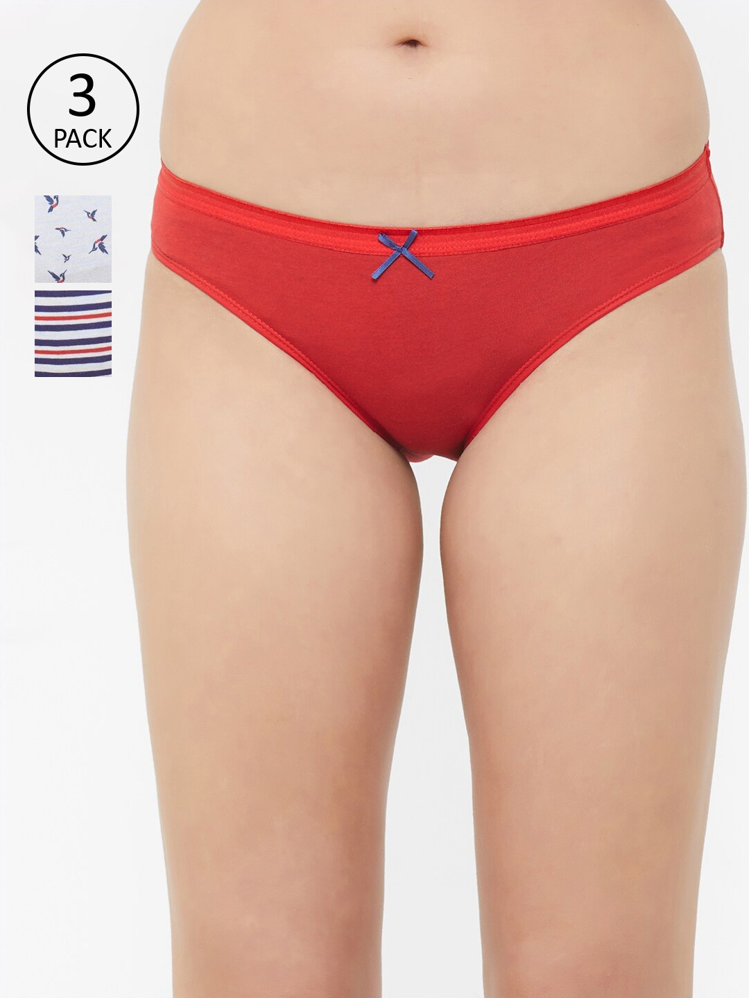 

Soie Women Set of 3 Low Rise Medium Coverage Solid and Printed Cotton Stretch Briefs, Red