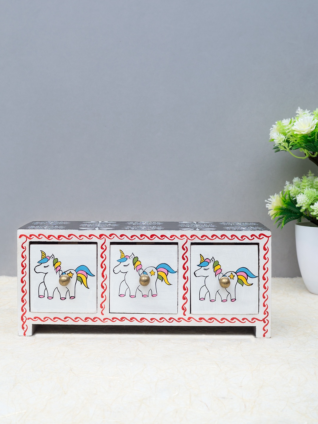 

Golden Peacock White & Pink Unicorn Design Handpainted 3-Drawer Trinket Box