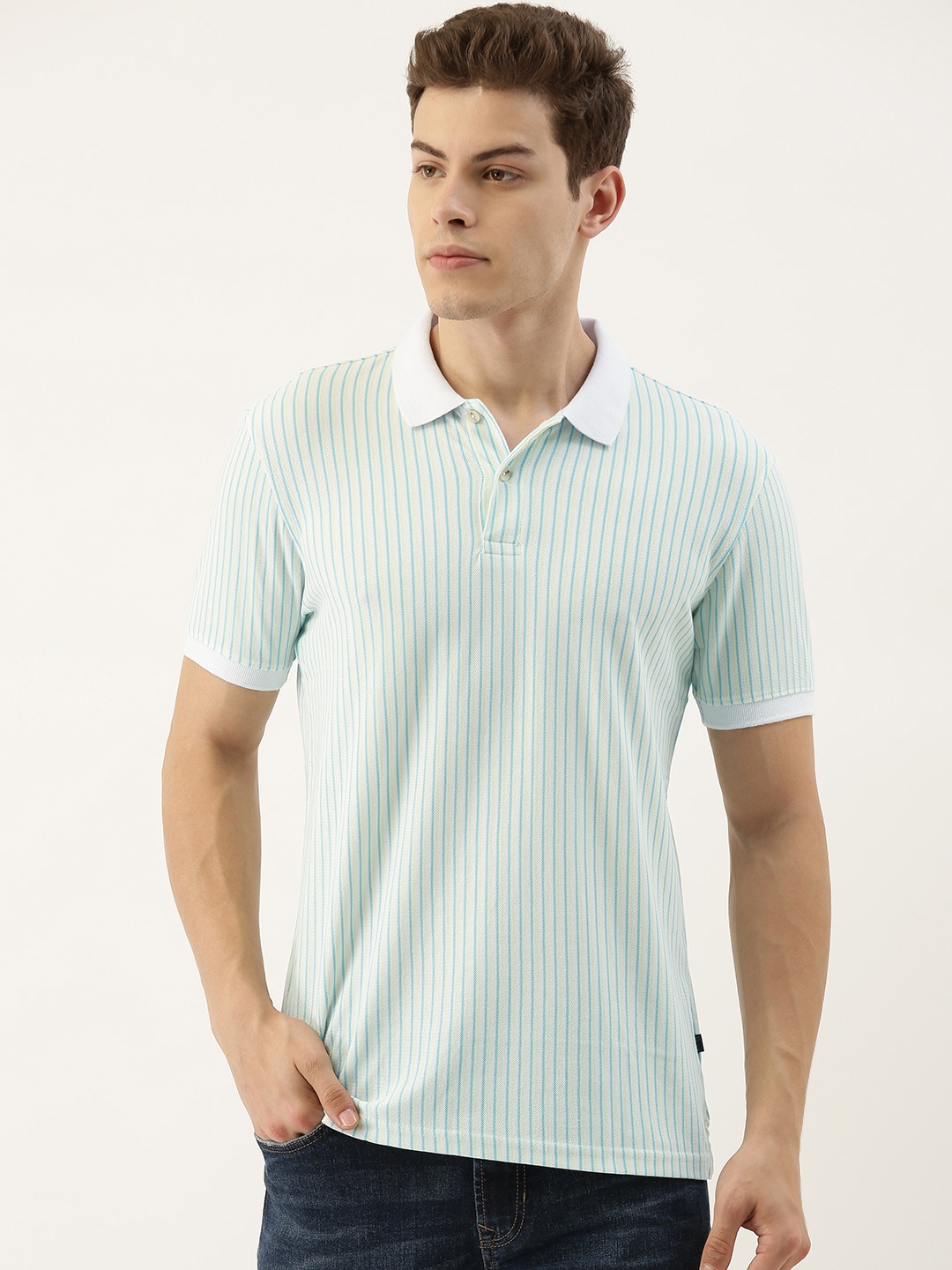 

Peter England Men White & Yellow Striped Round Neck T-shirt