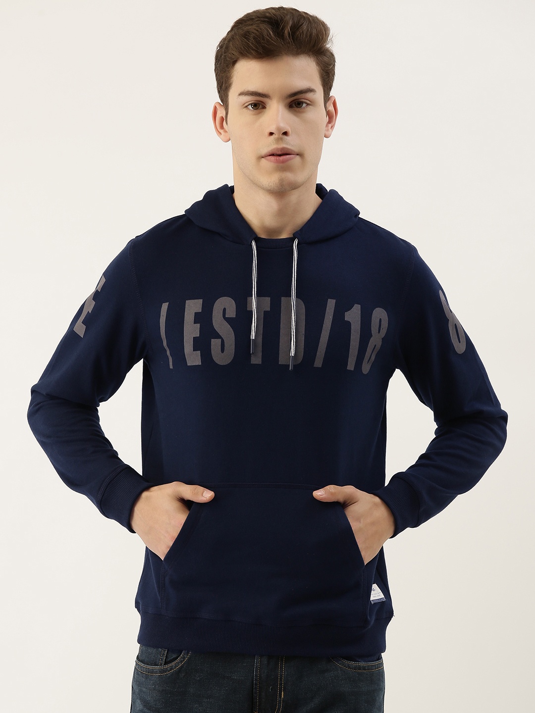

Peter England Men Navy Blue Printed Hooded Sweatshirt