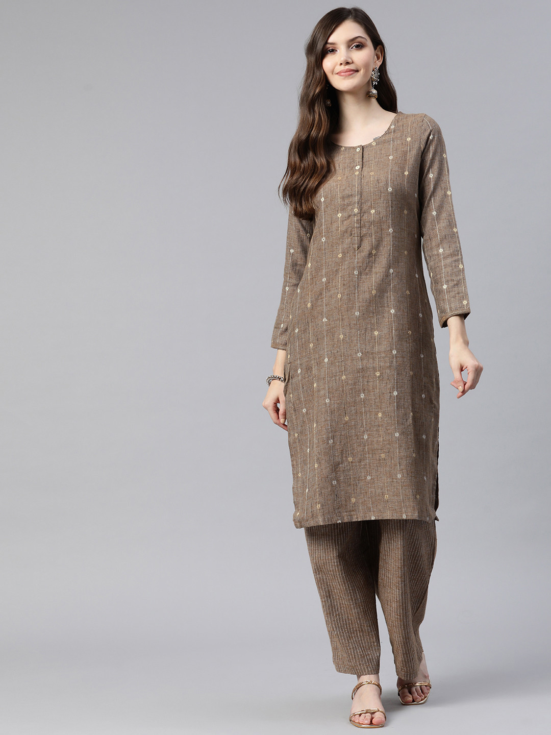 

Rangriti Women Striped Kurta with Trousers, Brown