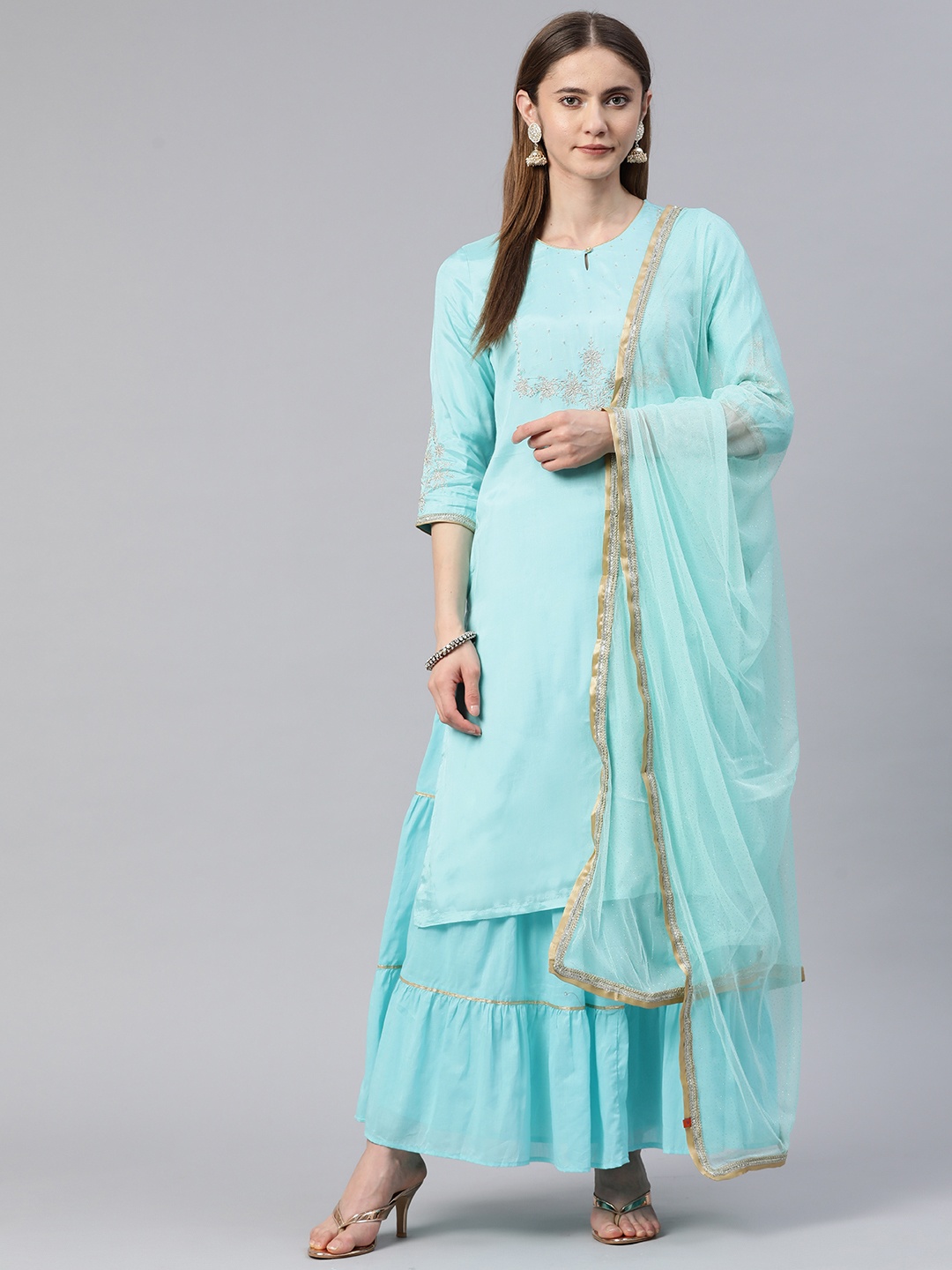 

Rangriti Women Ethnic Motifs Embroidered Kurta with Skirt & With Dupatta, Blue