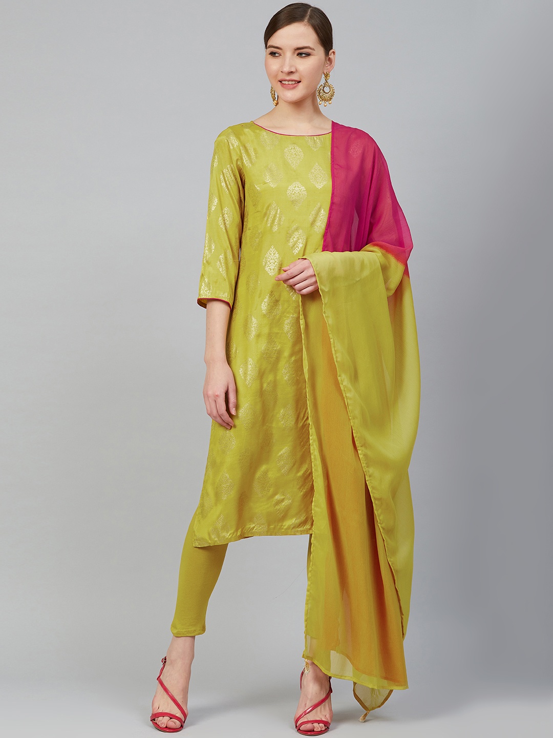 

Rangriti Women Lime Green & Golden Printed Kurta with Leggings & Dupatta