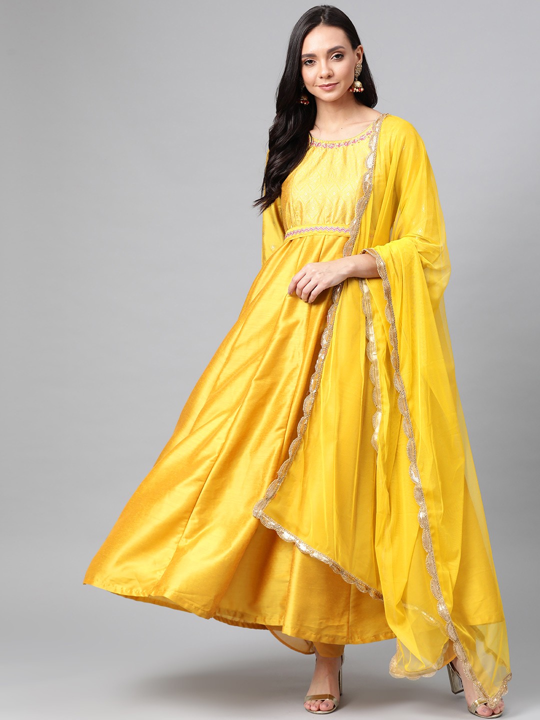 

Rangriti Women Mustard Yellow Yoke Design Anarkali Kurta with Dupatta