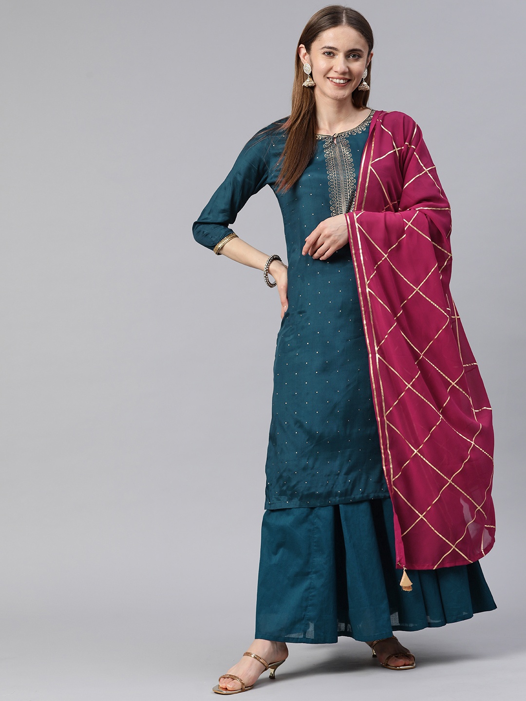 

Rangriti Women Ethnic Motifs Printed Sequinned Kurta with Skirt & With Dupatta, Teal