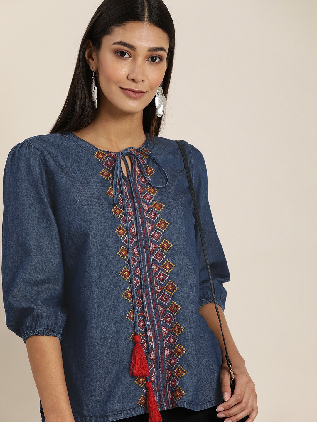 

all about you Navy Blue Embroidered Puff Sleeves Pure Cotton Denim Top