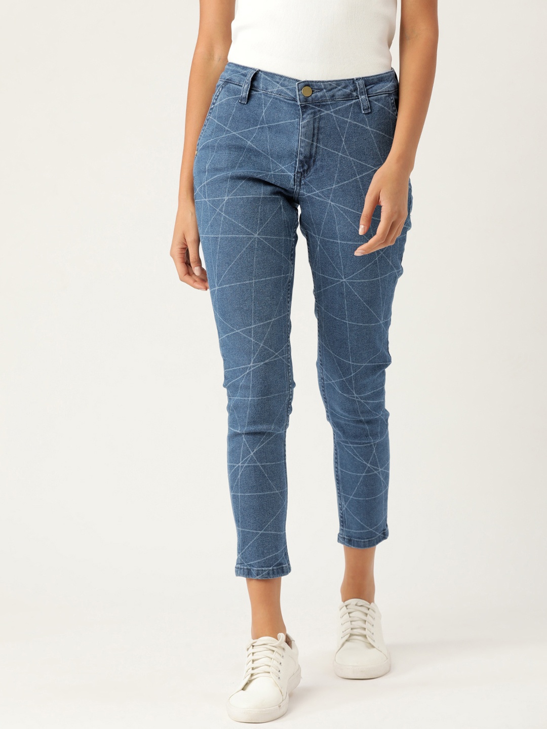

DressBerry Women Blue Skinny Fit Mid-Rise Clean Look Geometric Print Cropped Jeans