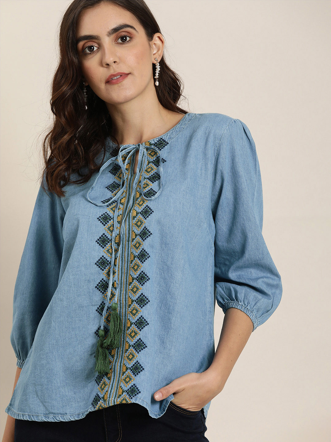 

all about you Blue Embroidered Puff Sleeves Pure Cotton Denim Top